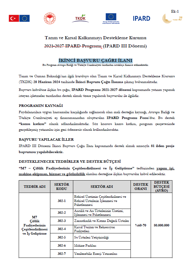 Tarım ve Kırsal Kalkınmayı Destekleme Kurumu  2021-2027 IPARD Programı İKİNCİ BAŞVURU ÇAĞRI İLANI